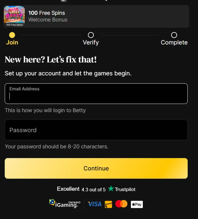 Betty Casino sign-up form for new players, offering a 100 free spins welcome bonus.
