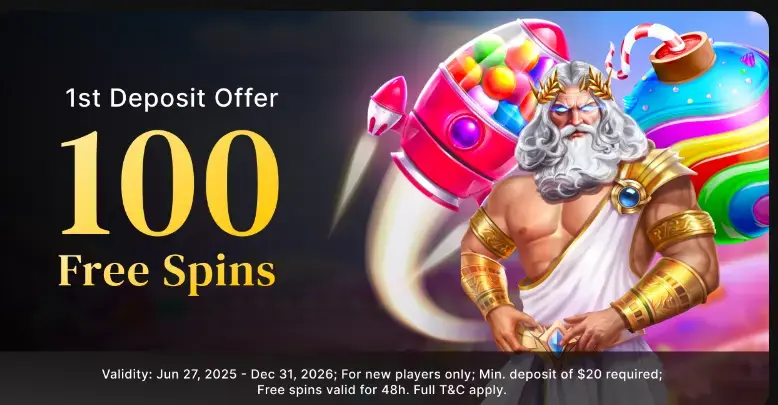 Betty Casino 1st Deposit Offer banner with 100 free spins for new players.